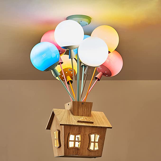 Children’s Room Chandelier with Remote Control, Segmented Dimming, LED Wooden Ceiling Light Fixture, Colorful Balloon Pendant Light for Boy Girl Rooms, Nursery, Kindergarten (includ 9* E26 Bulbs)