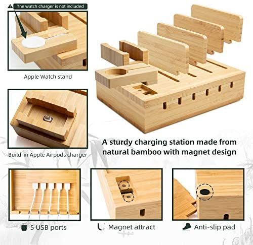 YOJA Ladestation für mehrere Geräte, Bambus, YOJA 5-Port-USB-Multi-Ladestation, Holz für Handy, Tablet, Uhr, Kopfhörer, Uhrenpods, USB-Ladegerät mit 5 kurzen Kabeln, Bambus-Design