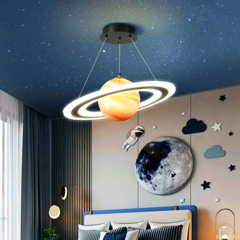 Acrylic Planet Pendant Light Children Room Space Star Led Hanging Lamp Retro Earth Ball Home Decor Indoor Fancy Lighting Fixture – Black Star / changeable